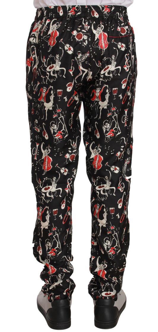 Elegant Black Silk Lounge Pants with Red Print