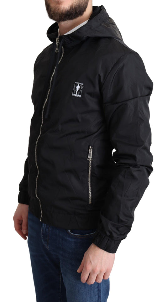 Elegant Black Hooded Windbreaker Jacket