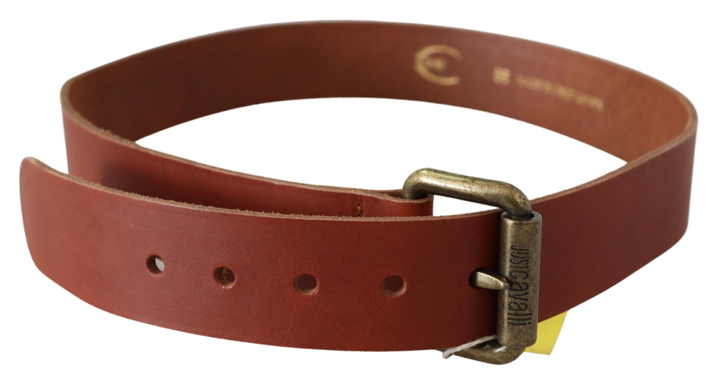Brown Leather Logo Bronze Rustic Metal Buckle Belt