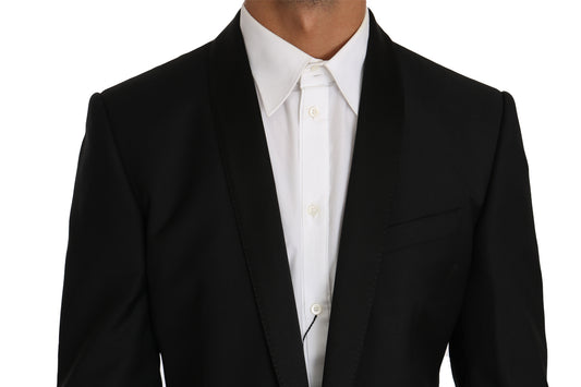 Elegant Slim Black Wool Silk Blend Blazer