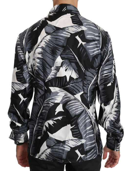 Sleek Silk Collared Shirt with Banana Leaf Print