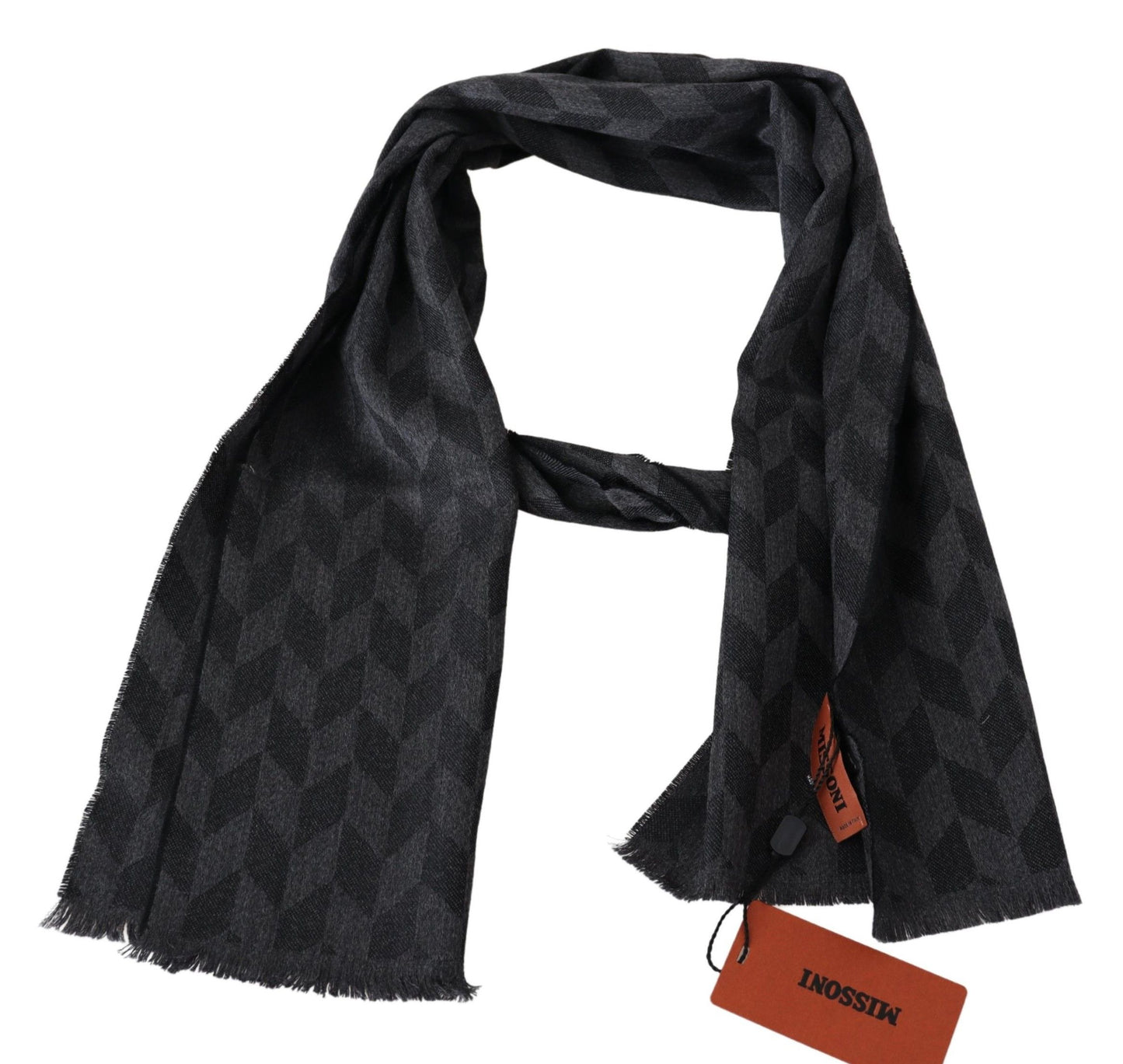 Black Geometric Wool Knit Neck Wrap Fringe Shawl