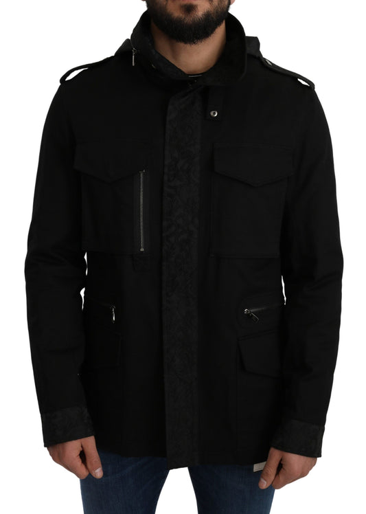 Elegant Black Jacquard Zip Jacket