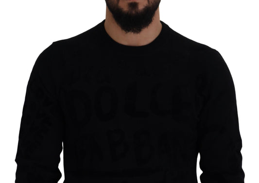 Black Wool Logo Pattern Crewneck Pullover Sweater