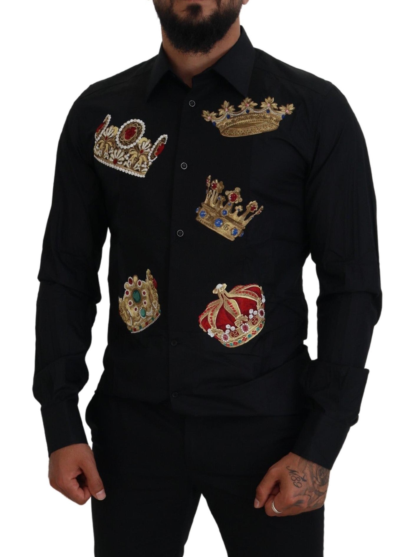 Elegant Black Slim Fit Dress Shirt with Crown Embroidery