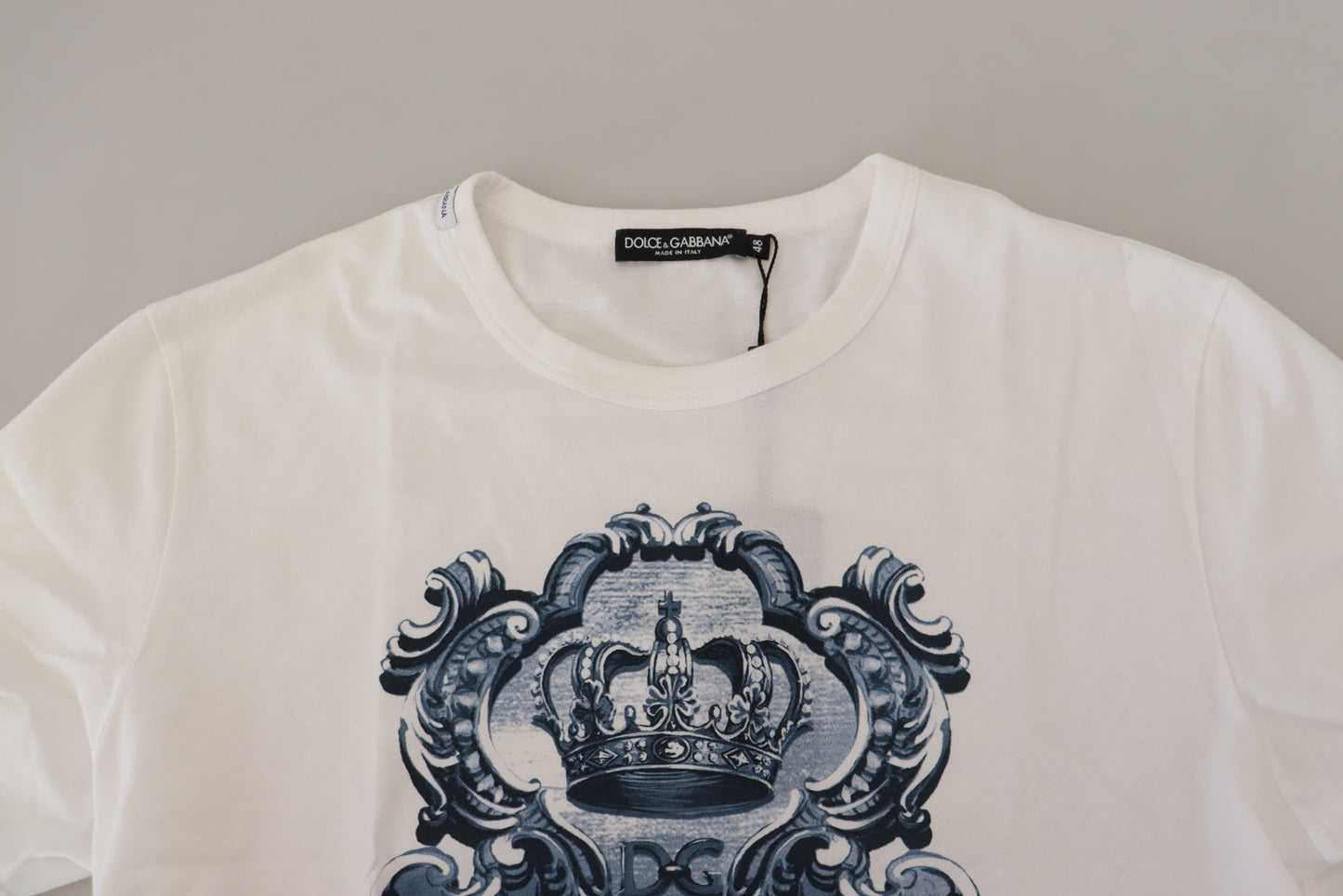 Elegant White Cotton Crown Print T-Shirt