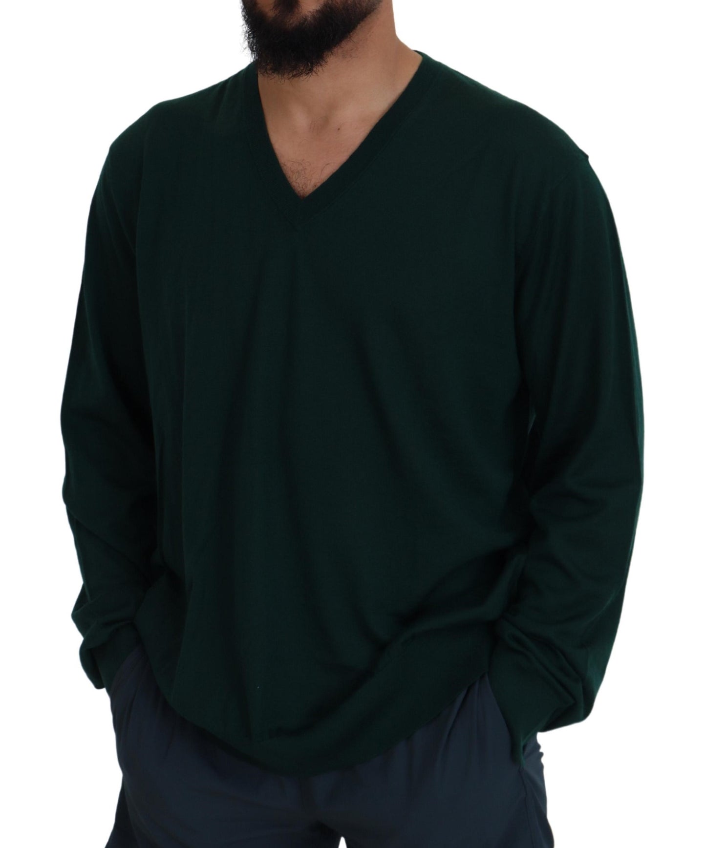 Elegant Green V-Neck Cashmere Sweater