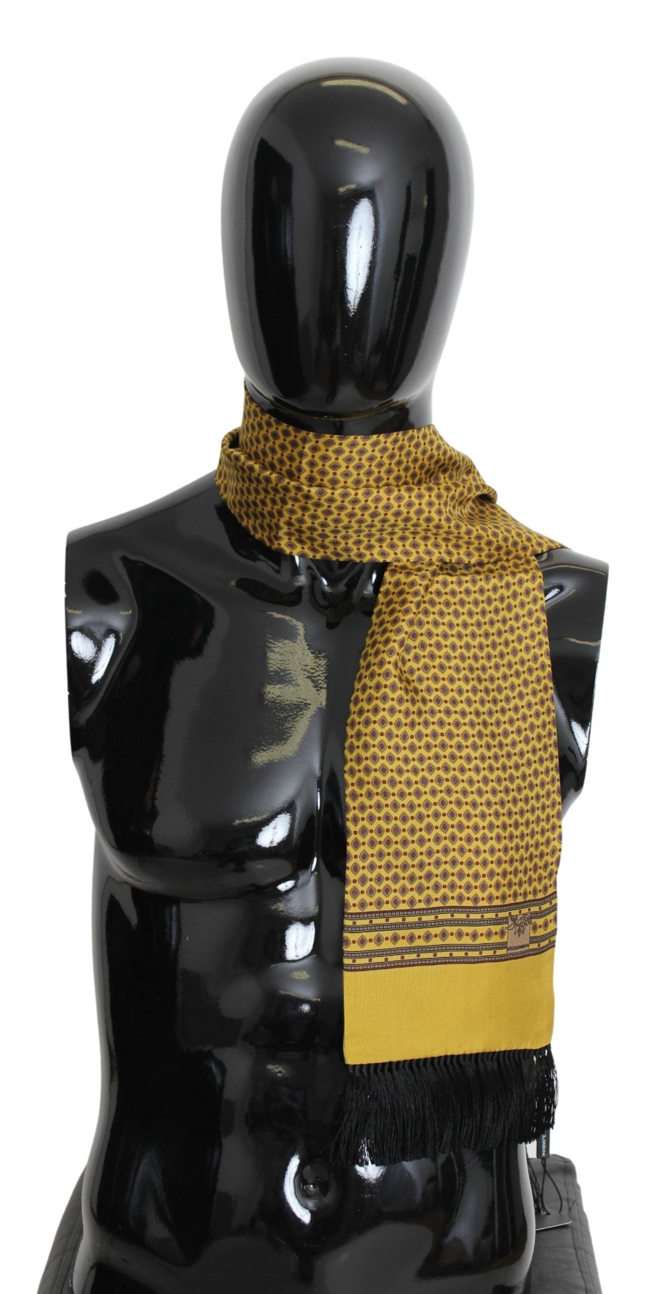 Scarf Yellow Patterned Silk Neck Wrap Fringes