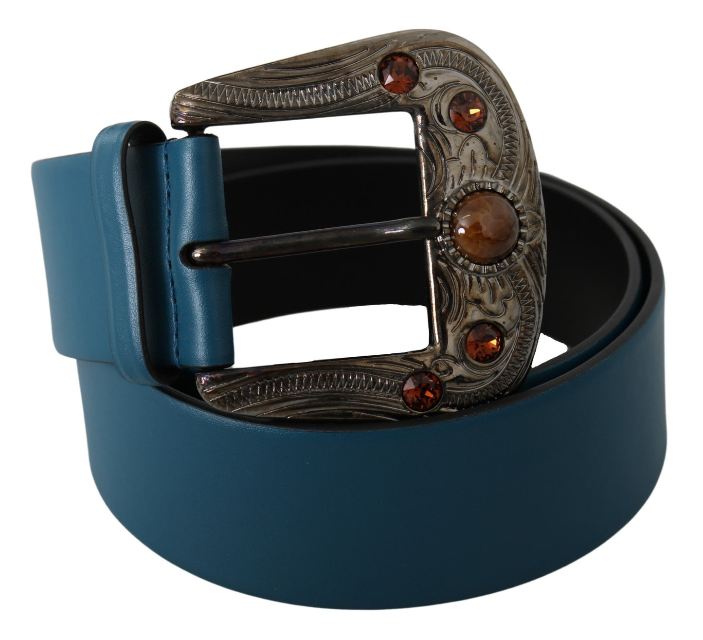 Blue Leather Orange Crystal Baroque Buckle Belt