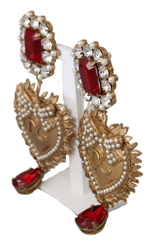 Gold Brass Devotion Heart Red Crystal Dangling Earrings