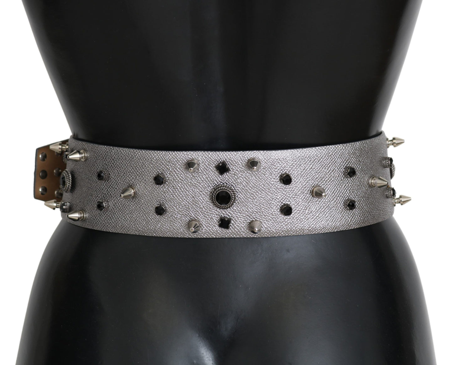 Silver Leather Crystal Stud Logo Buckle Belt
