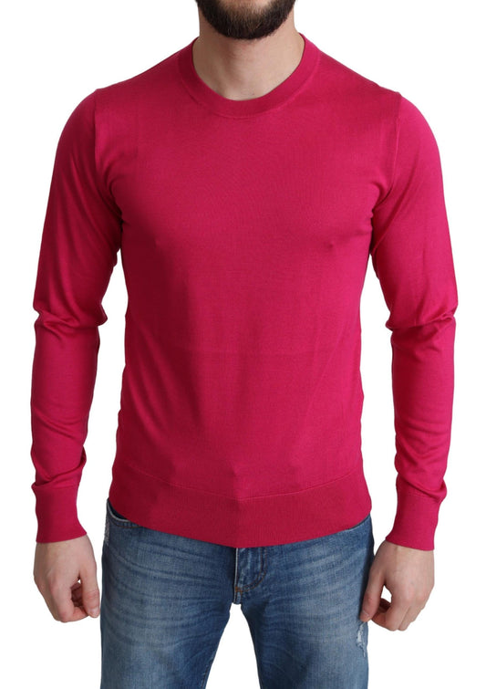 Elegant Pink Silk Crew-Neck Sweater