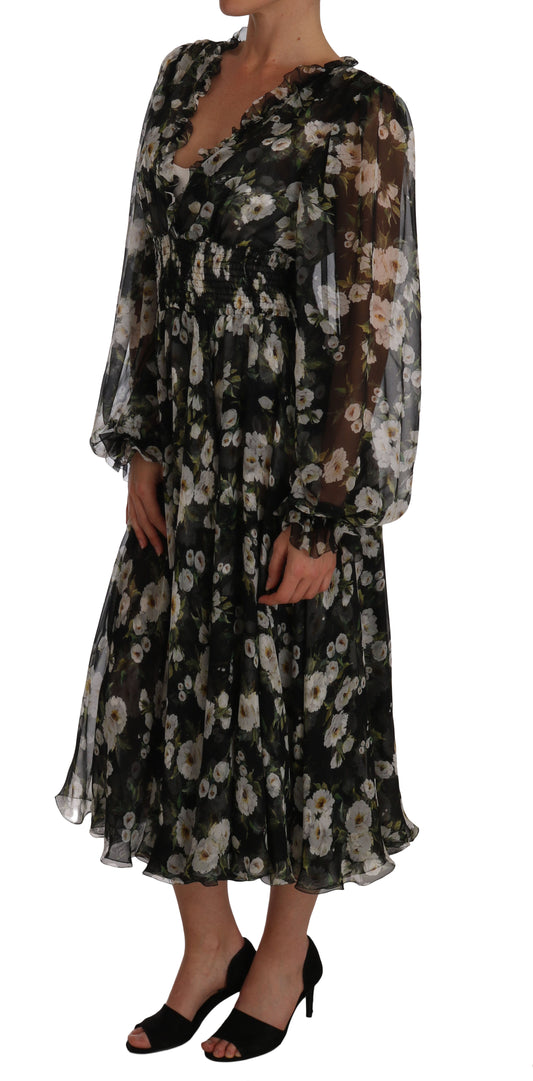 Black Floral Silk Midi Dress with Luxe Craftsmanship