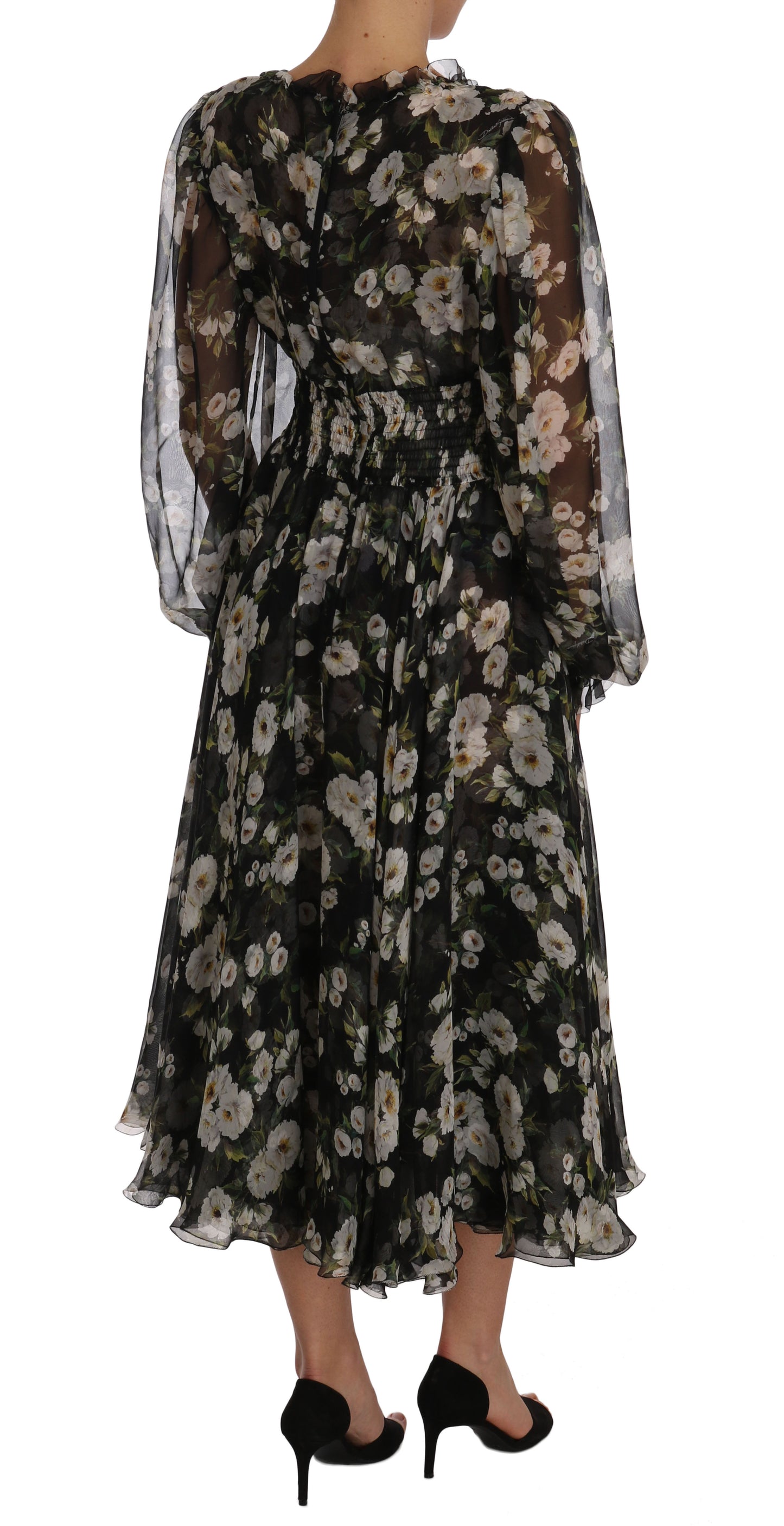 Black Floral Silk Midi Dress with Luxe Craftsmanship