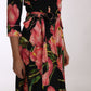 Elegant Black Shift Dress with Pink Tulips Print