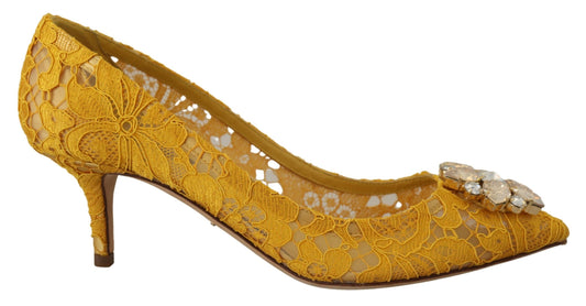 Yellow Lace Heels with Crystal Embellishment