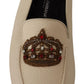 Beige Leather Crystal Crown Dress Loafers Shoes