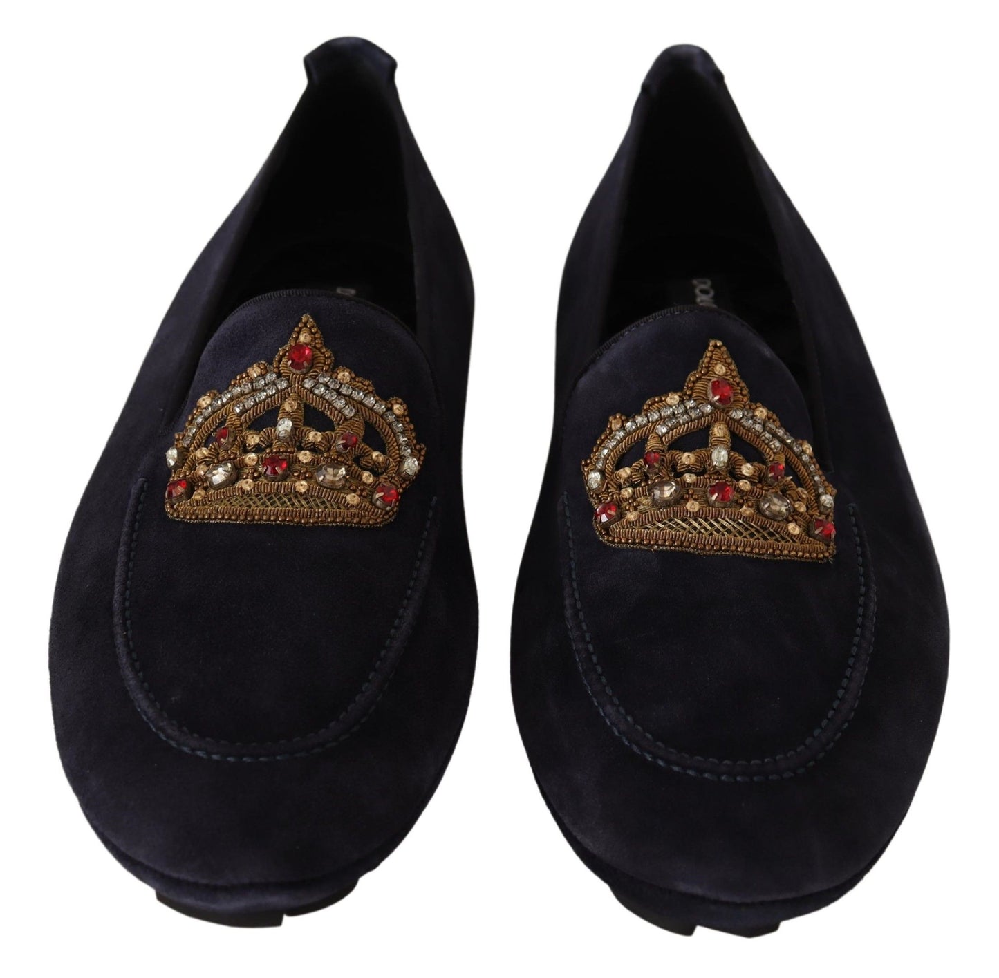 Dark Blue Leather Crystal Crown Loafer Shoes