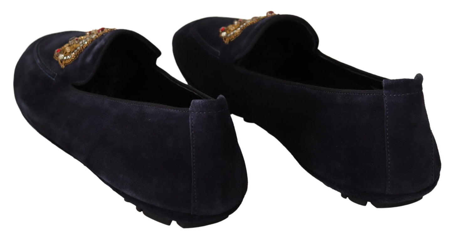 Dark Blue Leather Crystal Crown Loafer Shoes