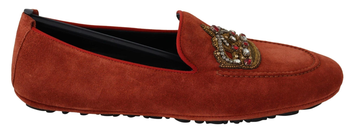 Orange Leather Crystal Crown  Loafers Shoes