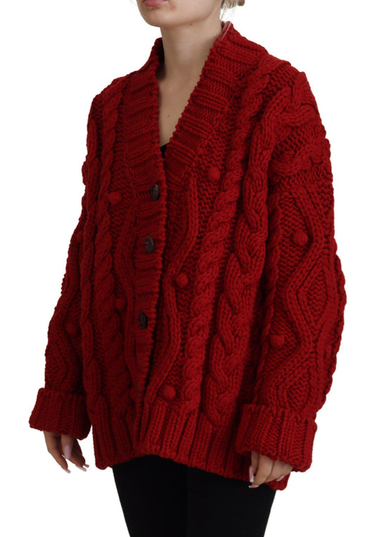 Elegant Red Virgin Wool Cardigan