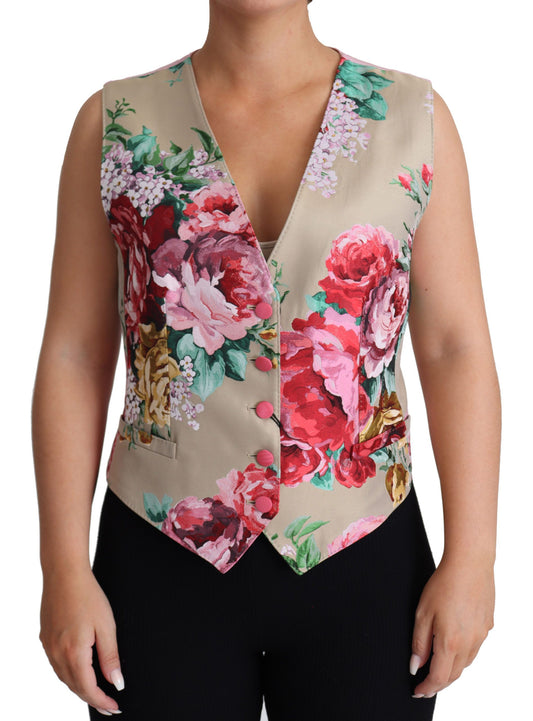 Elegant Beige Floral Sleeveless Silk Blend Vest