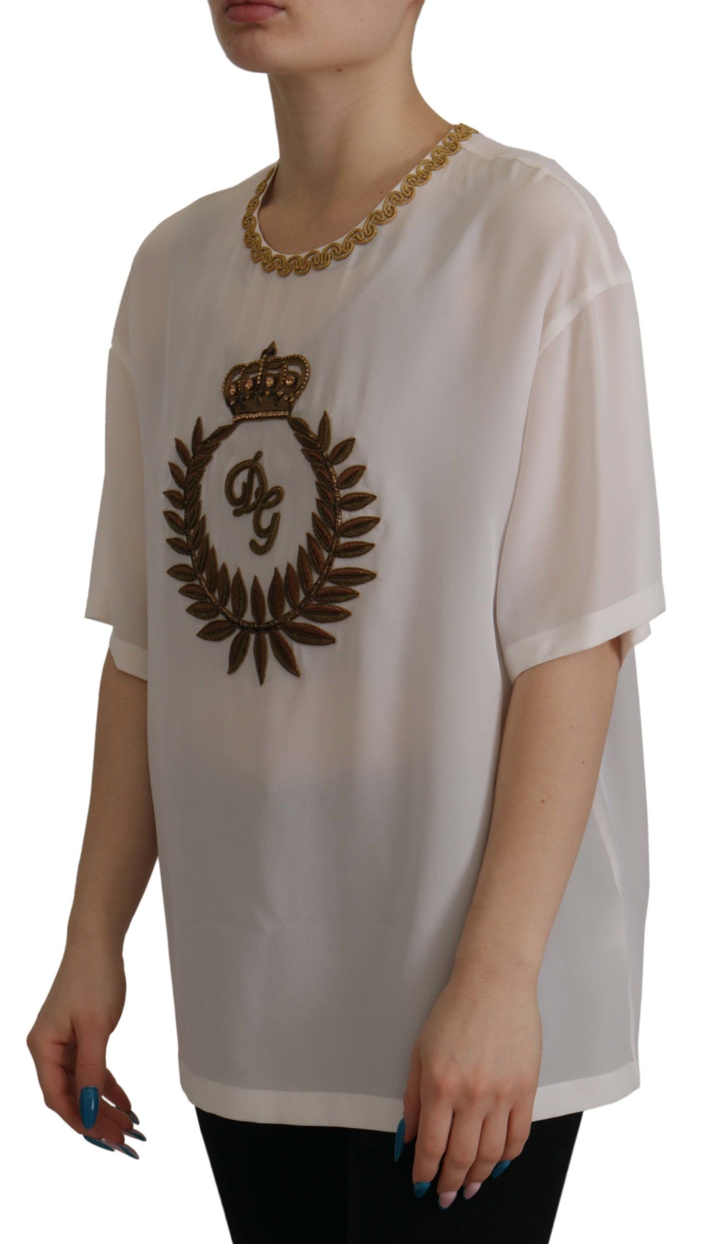 Elegant Silk Blouse with Gold Crown Embroidery