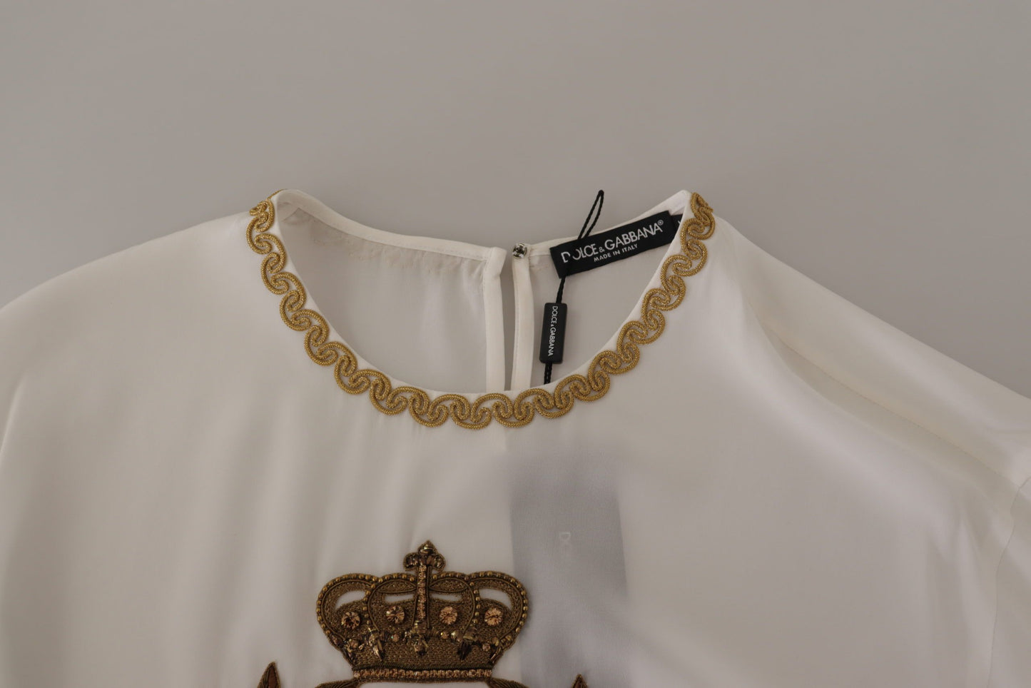 Elegant Silk Blouse with Gold Crown Embroidery
