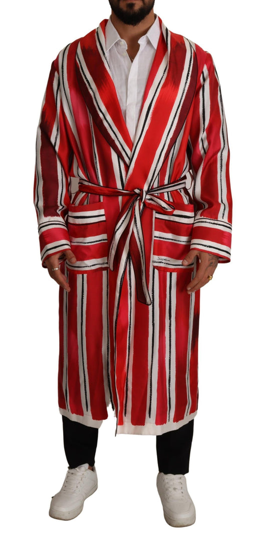 Red White Striped Silk Mens Night Gown Robe