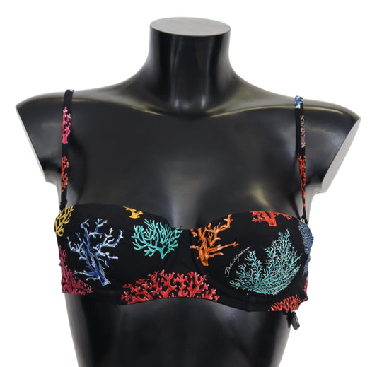 Elegant Black Bikini Top with Coral Print