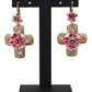 Gold and Pink Sicily Cross Dangling Earrings