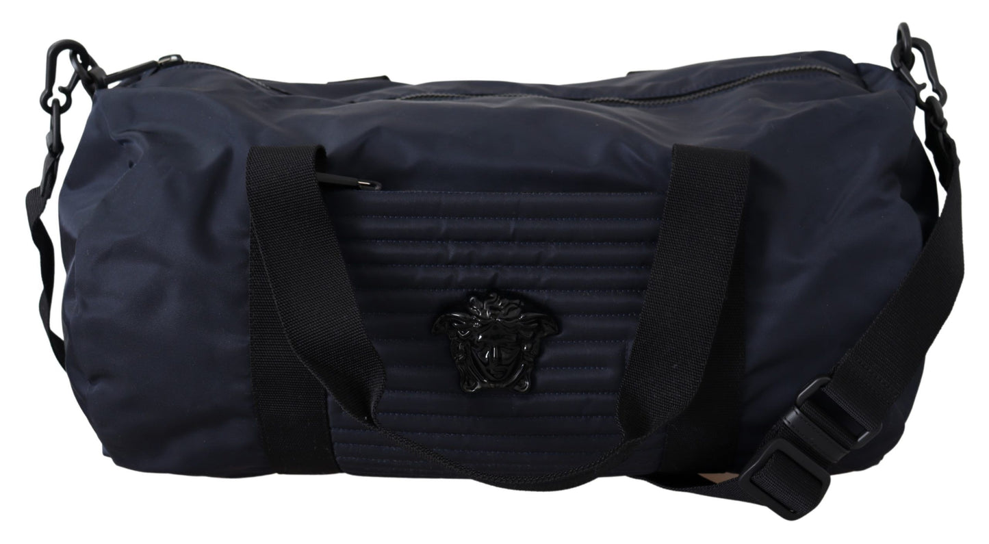Elegant Blue Nylon Travel Bag with Leather Details