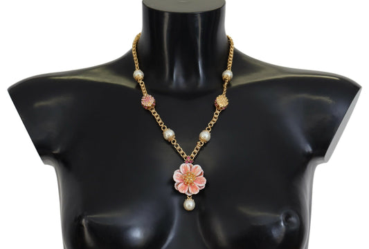 Gold Tone Floral Crystals Pink Embellished Necklace