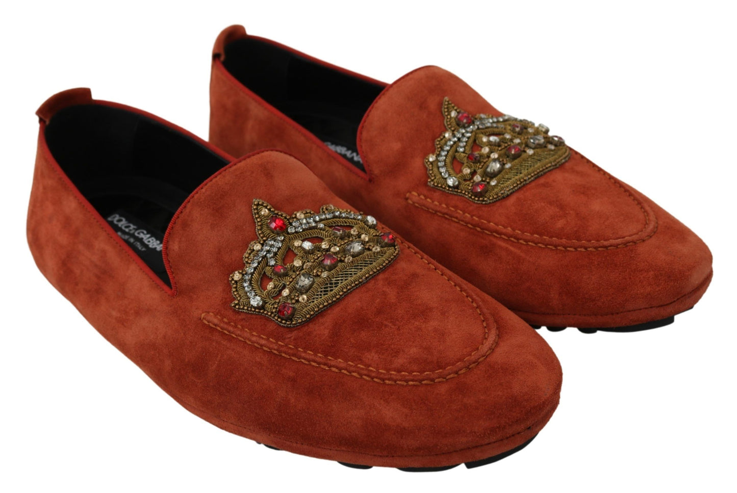 Orange Leather Moccasins Crystal Crown Slippers Shoes