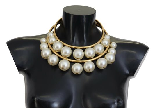 White Faux Pearl Embellished Brass Choker Necklace
