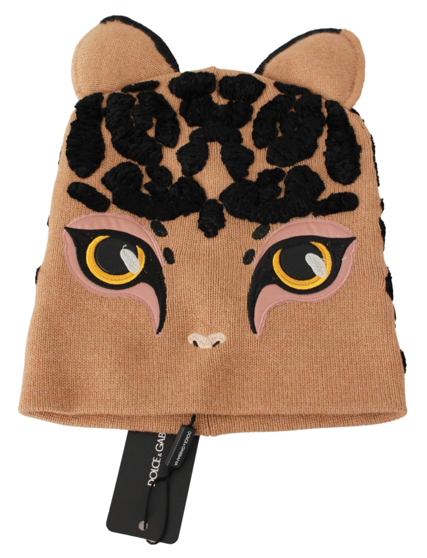 Brown Cats Eye Embroidered Beanie Cashmere Hat