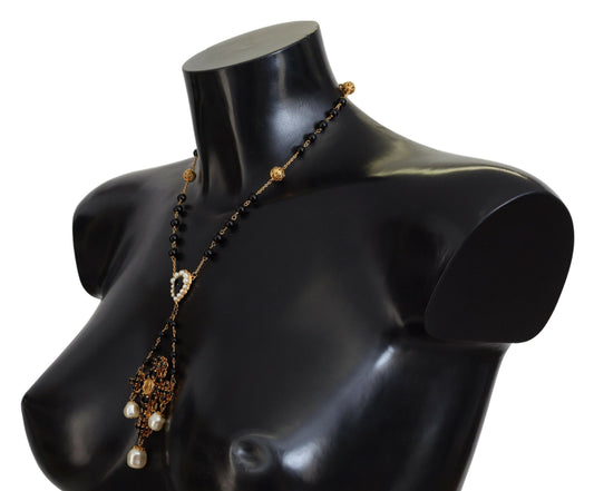 Gold Brass Chain Black Beads Cross Pendant Necklace