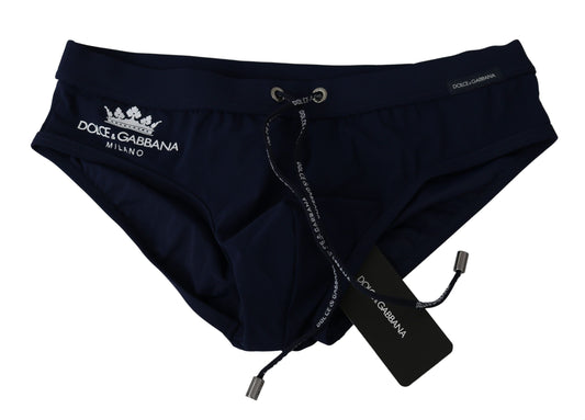 Elegant Dark Blue Swim Briefs with White Crown Logo
