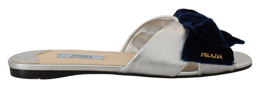 Elegant Silver Navy Prada Leather Flats