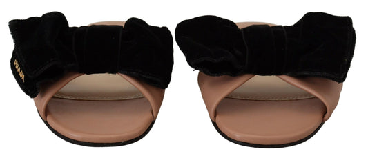 Beige Black Leather Sandals Slip On Flats Shoes