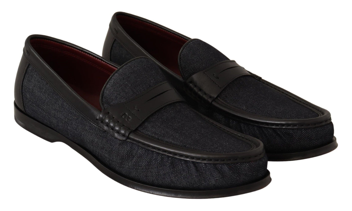 Black Leather Blue Denim Mocassin Shoes