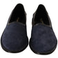 Blue Leather Perforated Slip On Loafers Shoes