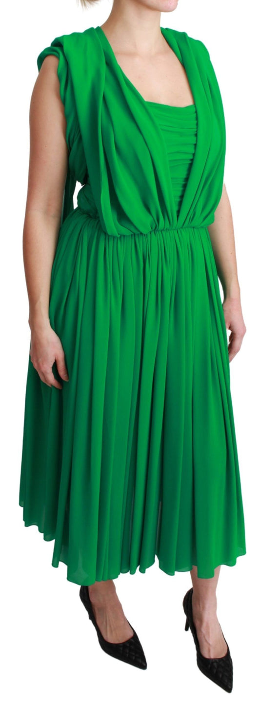 100% Silk Green Sleeveless Pleated Maxi Dress