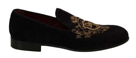 Elegant Black Loafers with Gold Crown Embroidery