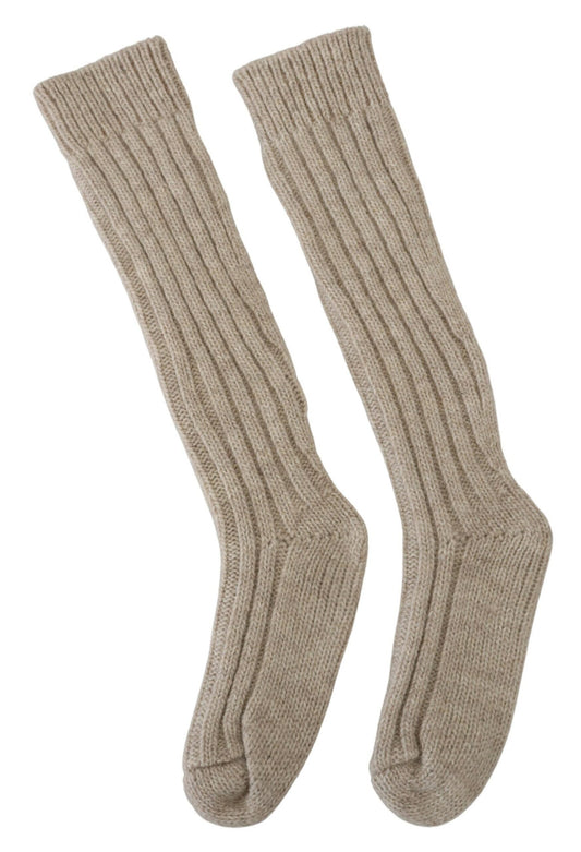 Beige Wool Knit Calf Long Women Socks