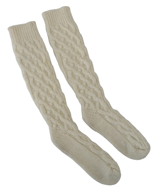 White Wool Knit Calf Long Women Socks