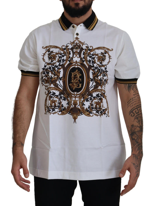 White Gold Baroque Print Cotton Polo T-Shirt