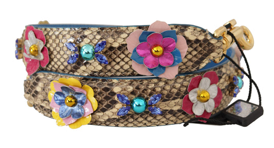 Beige Python Leather Floral Studded Shoulder Strap