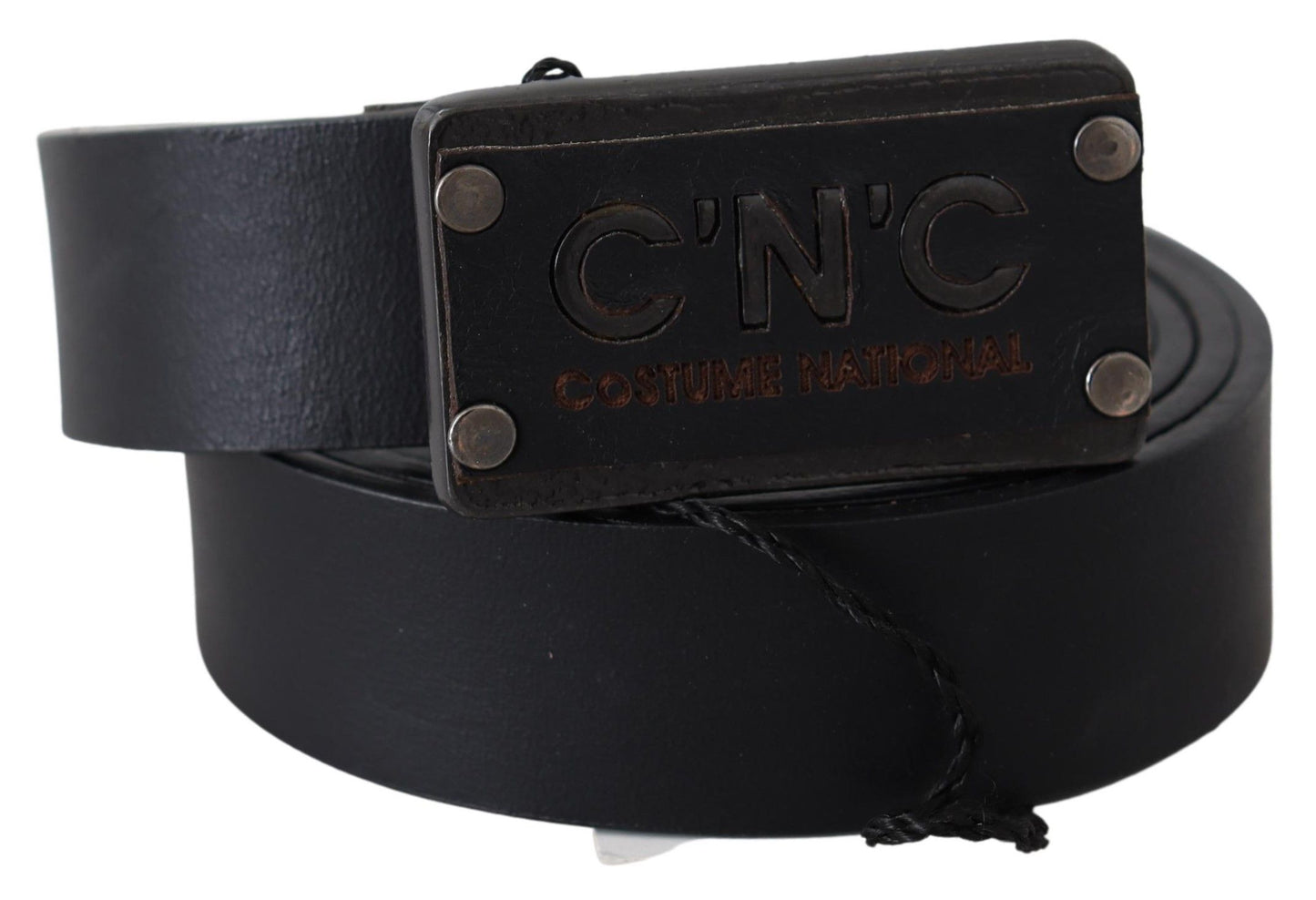 Black Leather Rustic Logo Buckle Waist Belt