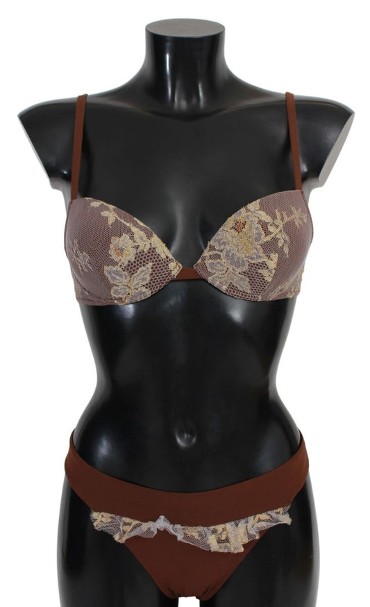 Elegant Brown Lace Two-Piece Swimsuit